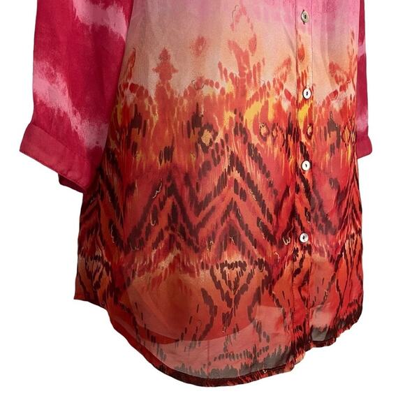 Chicos Pink Orange Button Down Sheer 3/4 Sleeve Long Line Top Shirt Blouse 0/ S - Picture 12 of 15